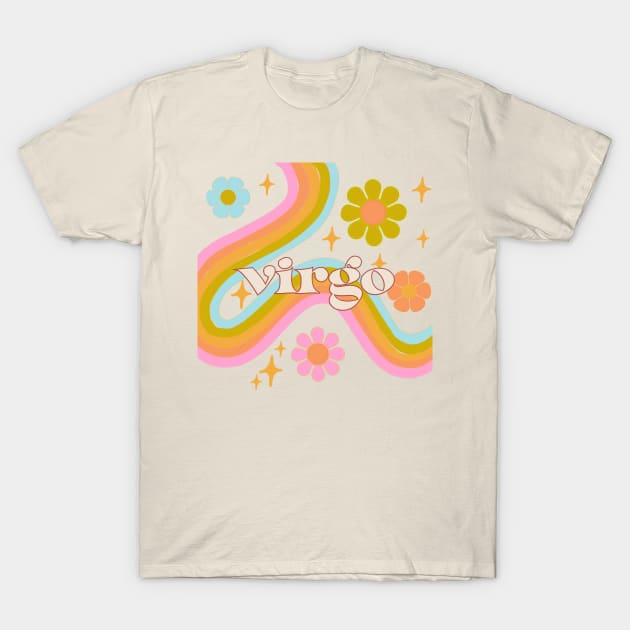 virgo 70s Rainbow with flowers T-Shirt by Deardarling